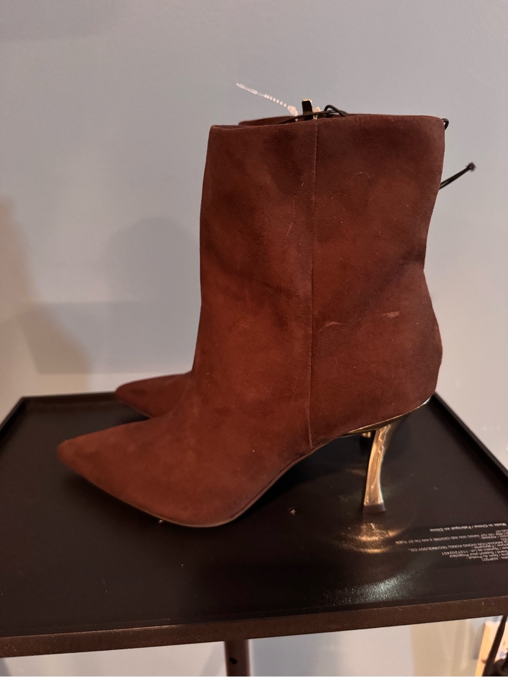 Nine West Women's Brown Suede Pointed Toe Ankle Boots with Metallic Heel